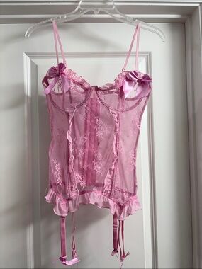 Pink Lace Mesh Bustier with Bow Accents